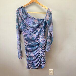 NEW Free People Midnight Combo Floral Mesh Ruched Bodycon Dress Long Sleeve Size